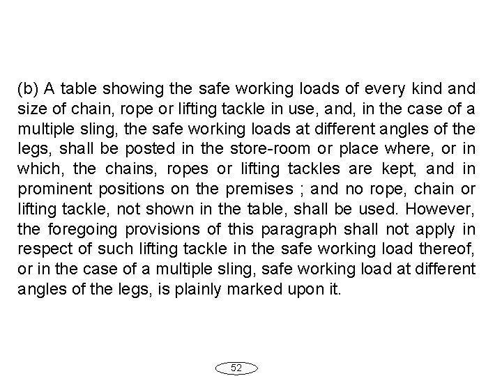 (b) A table showing the safe working loads of every kind and size of