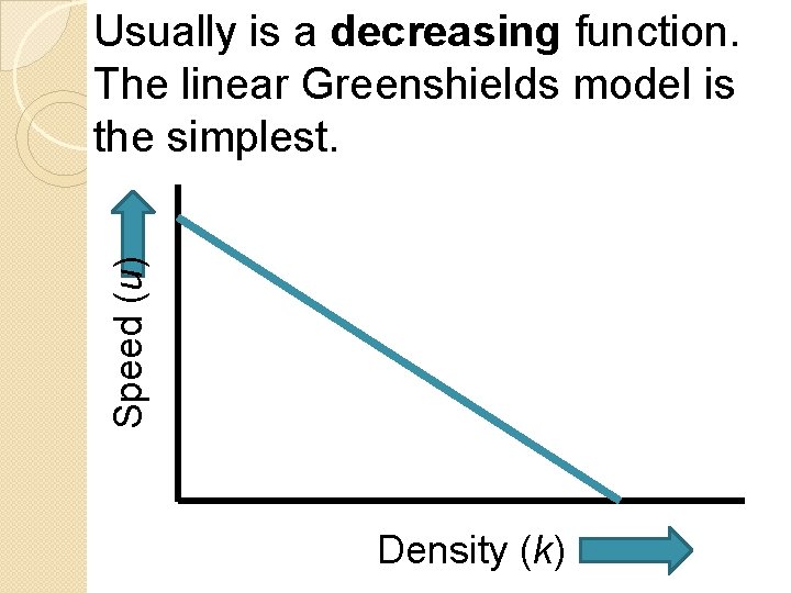 Speed (u) Usually is a decreasing function. The linear Greenshields model is the simplest.