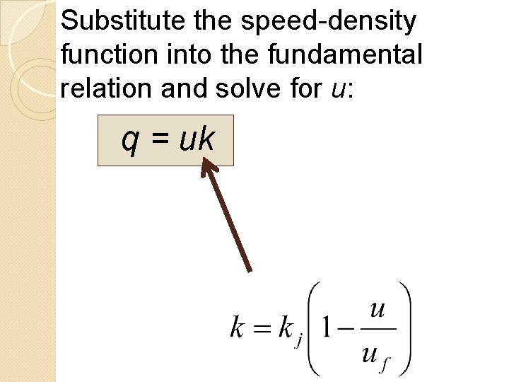 Substitute the speed-density function into the fundamental relation and solve for u: q =