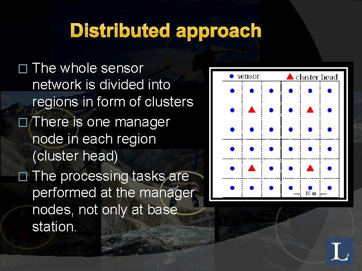 Distributed approach The whole sensor network is divided into regions in form of clusters