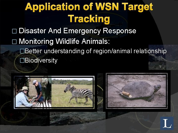 Application of WSN Target Tracking � Disaster And Emergency Response � Monitoring Wildlife Animals: