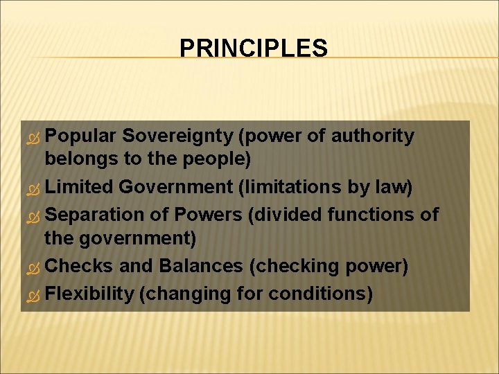 PRINCIPLES Popular Sovereignty (power of authority belongs to the people) Limited Government (limitations by