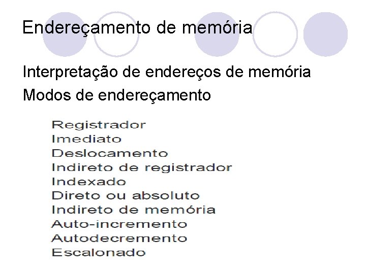 Endereçamento de memória Interpretação de endereços de memória Modos de endereçamento 