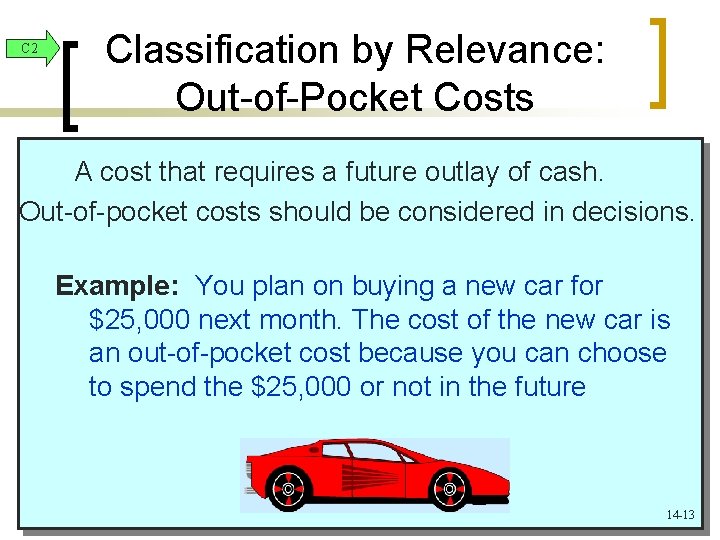 C 2 Classification by Relevance: Out-of-Pocket Costs A cost that requires a future outlay