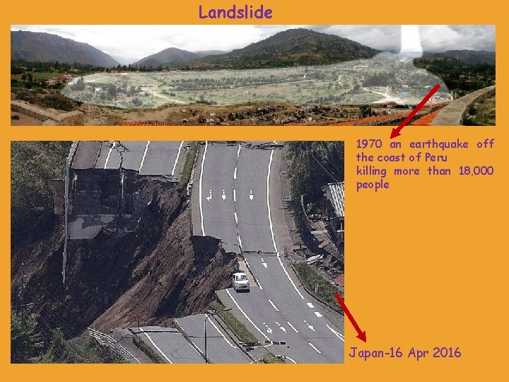 Landslide 1970 an earthquake off the coast of Peru killing more than 18, 000 Landslide 1970 an earthquake off the coast of Peru killing more than 18, 000