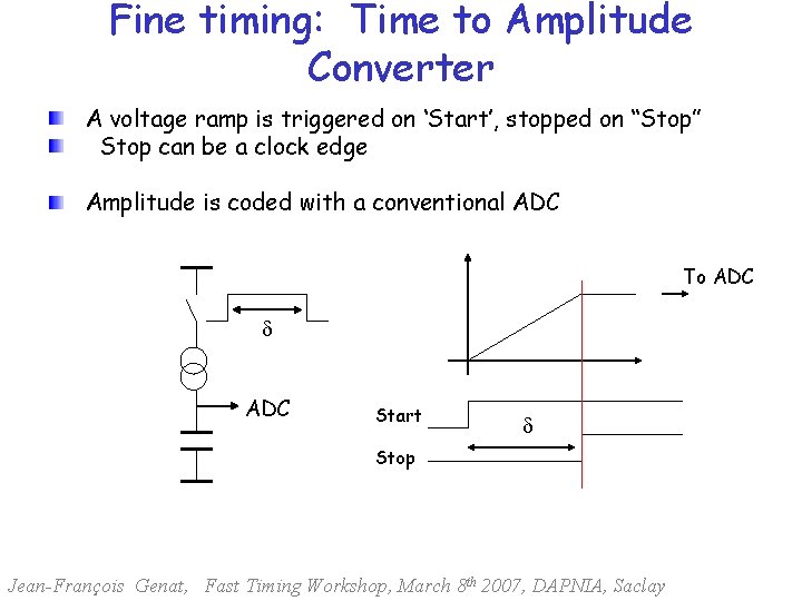 Fine timing: Time to Amplitude Converter A voltage ramp is triggered on ‘Start’, stopped