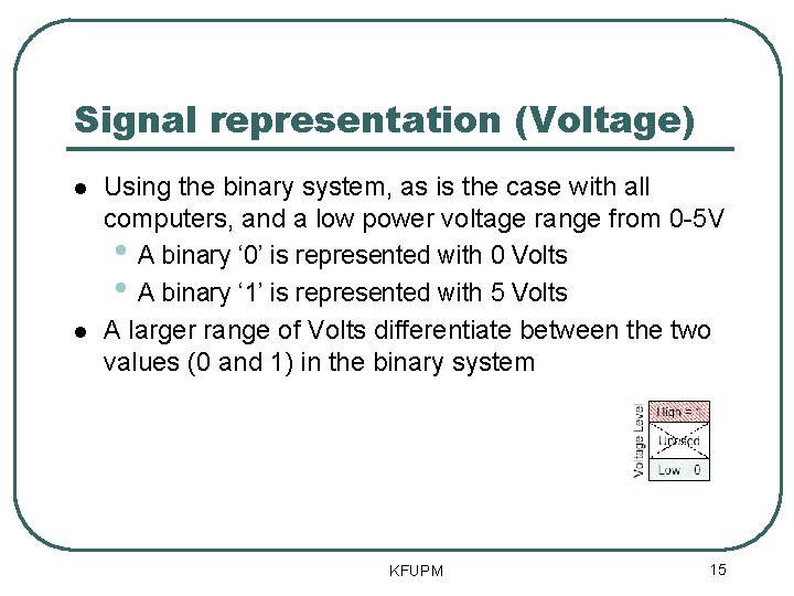 Signal representation (Voltage) Using the binary system, as is the case with all computers,