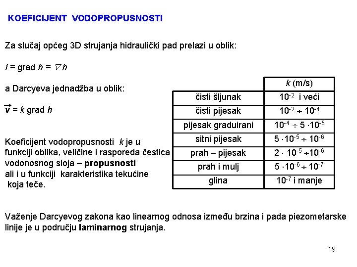 KOEFICIJENT VODOPROPUSNOSTI Za slučaj općeg 3 D strujanja hidraulički pad prelazi u oblik: I