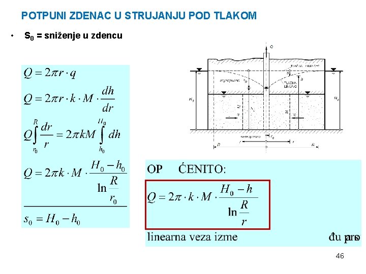 POTPUNI ZDENAC U STRUJANJU POD TLAKOM • S 0 = sniženje u zdencu 46