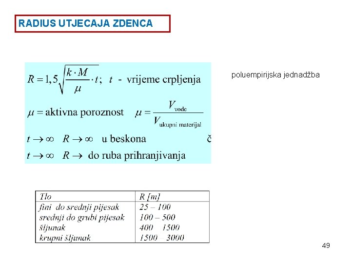 RADIUS UTJECAJA ZDENCA poluempirijska jednadžba PRAKTIČKI: 49 