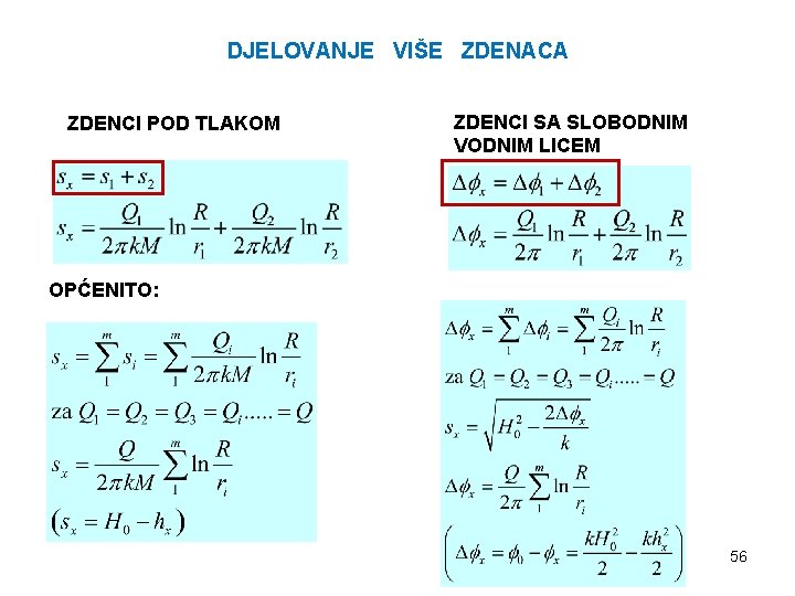 DJELOVANJE VIŠE ZDENACA ZDENCI POD TLAKOM ZDENCI SA SLOBODNIM VODNIM LICEM OPĆENITO: 56 