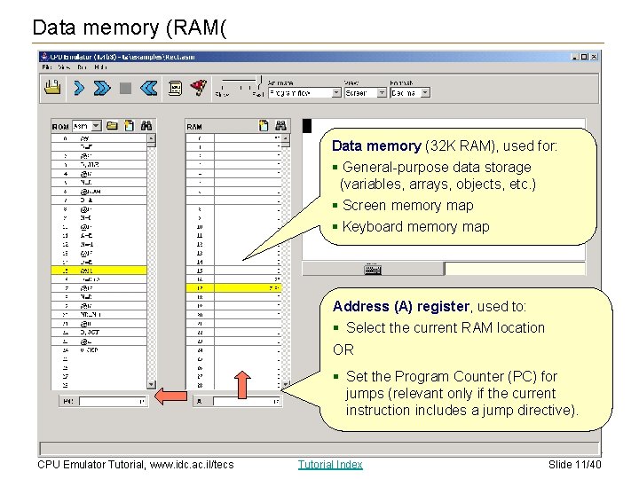 Data memory (RAM( Data memory (32 K RAM), used for: § General-purpose data storage