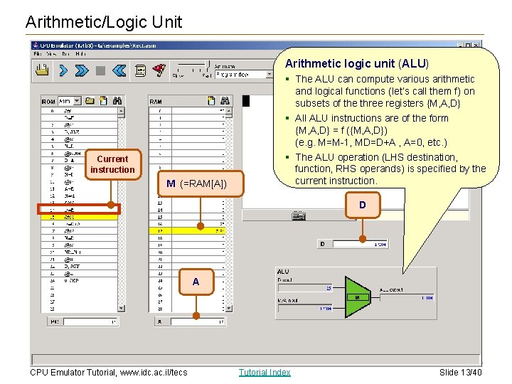 Arithmetic/Logic Unit Arithmetic logic unit (ALU) Current instruction M (=RAM[A]) § The ALU can