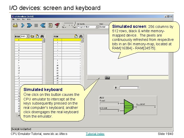 I/O devices: screen and keyboard Simulated screen: 256 columns by 512 rows, black &