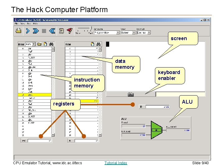 The Hack Computer Platform screen data memory instruction memory ALU registers CPU Emulator Tutorial,