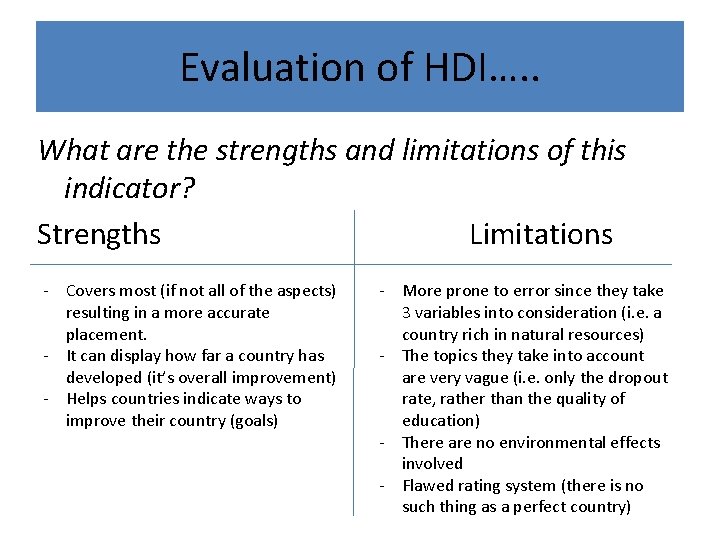 Evaluation of HDI…. . What are the strengths and limitations of this indicator? Strengths Evaluation of HDI…. . What are the strengths and limitations of this indicator? Strengths