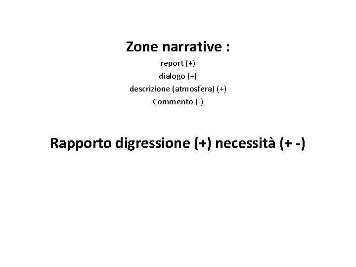 Zone narrative : report (+) dialogo (+) descrizione (atmosfera) (+) Commento (-) Rapporto digressione