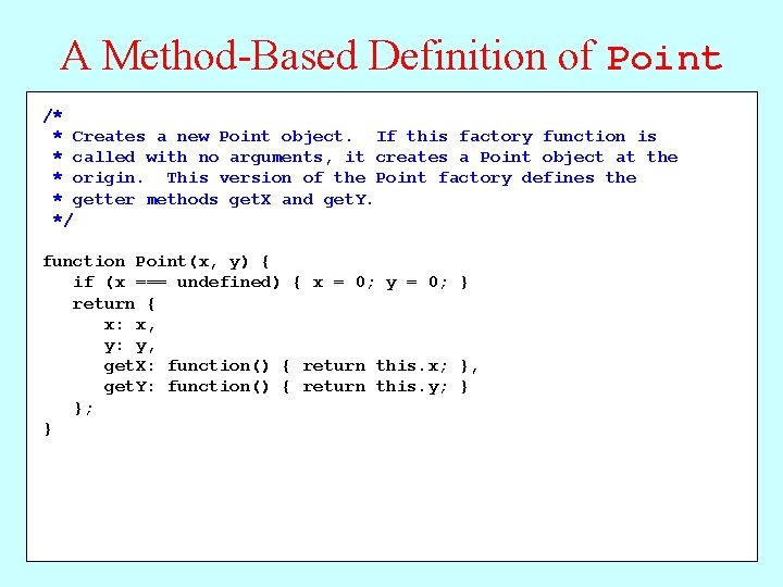 A Method-Based Definition of Point /* * Creates a new Point object. If this