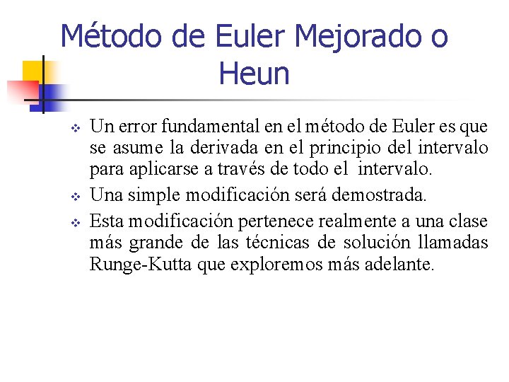 Método de Euler Mejorado o Heun v v v Un error fundamental en el