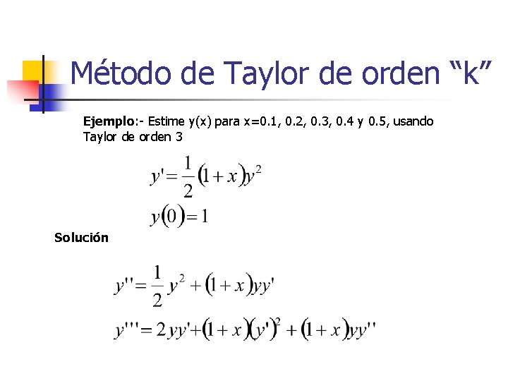 Método de Taylor de orden “k” Ejemplo: - Estime y(x) para x=0. 1, 0.