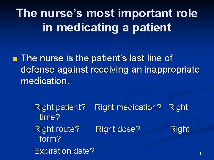 The nurse’s most important role in medicating a patient n The nurse is the