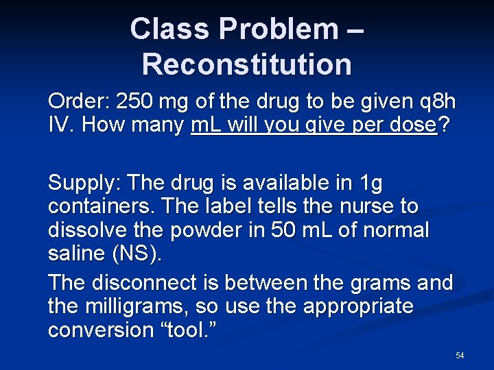Class Problem – Reconstitution Order: 250 mg of the drug to be given q