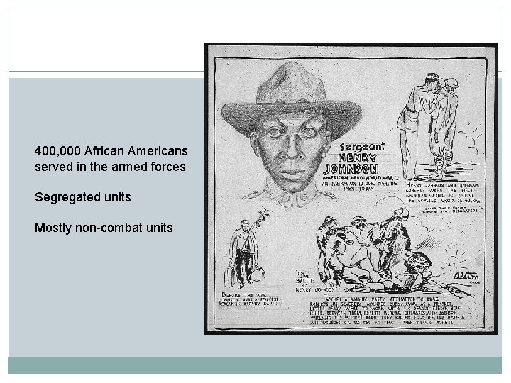 400, 000 African Americans served in the armed forces Segregated units Mostly non-combat units