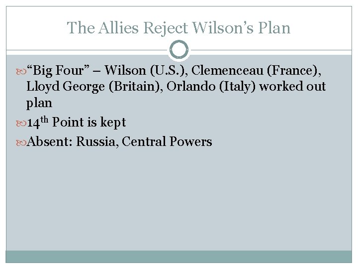 The Allies Reject Wilson’s Plan “Big Four” – Wilson (U. S. ), Clemenceau (France),