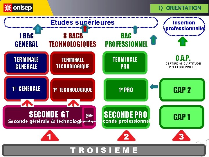 1) ORIENTATION Etudes supérieures Insertion professionnelle 1 BAC GENERAL 8 BACS TECHNOLOGIQUES BAC PROFESSIONNEL 1) ORIENTATION Etudes supérieures Insertion professionnelle 1 BAC GENERAL 8 BACS TECHNOLOGIQUES BAC PROFESSIONNEL