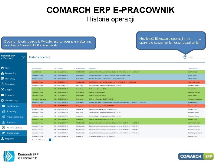 COMARCH ERP E-PRACOWNIK Historia operacji Dodano historię operacji. Wyświetlane są operacje wykonane w aplikacji