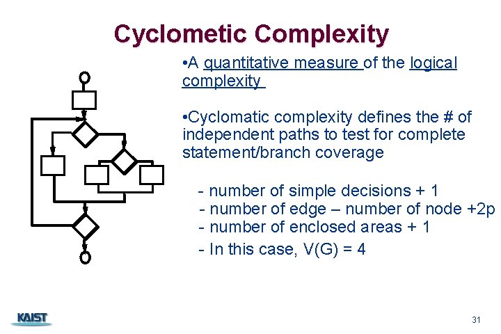 Cyclometic Complexity • A quantitative measure of the logical complexity • Cyclomatic complexity defines