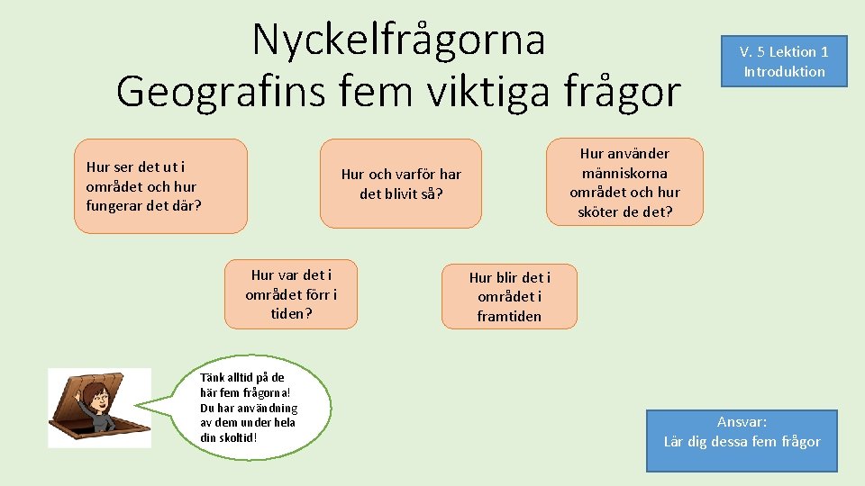 Nyckelfrågorna Geografins fem viktiga frågor Hur ser det ut i området och hur fungerar