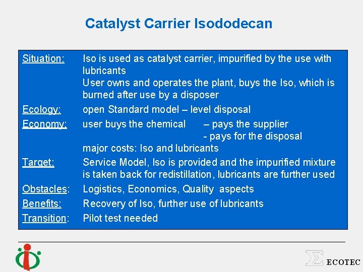 Catalyst Carrier Isododecan Situation: Ecology: Economy: Target: Obstacles: Benefits: Transition: Iso is used as