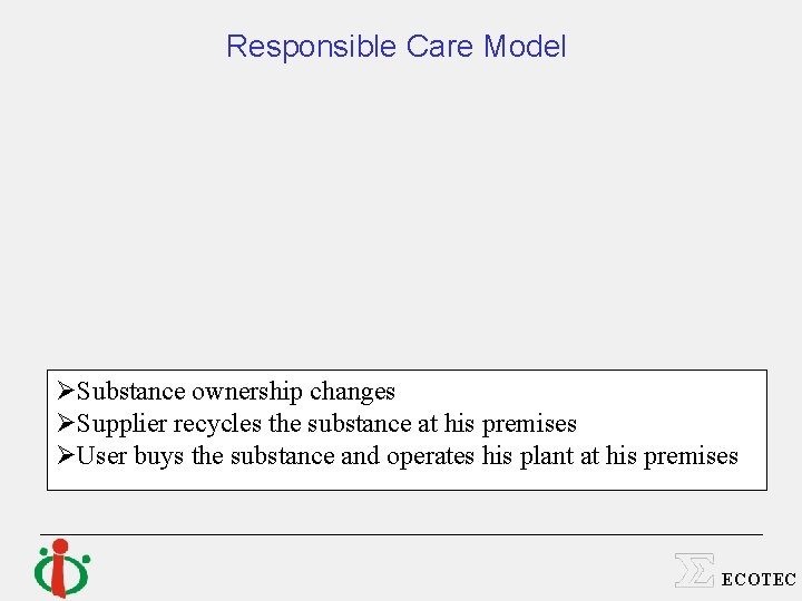 Responsible Care Model ØSubstance ownership changes ØSupplier recycles the substance at his premises ØUser