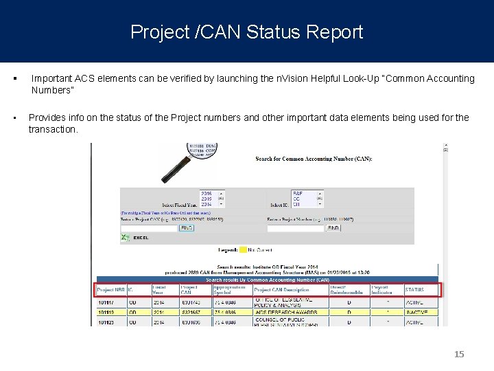 Project /CAN Status Report § • Important ACS elements can be verified by launching