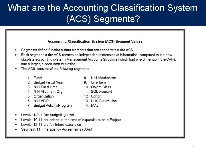 What are the Accounting Classification System (ACS) Segments? 6 