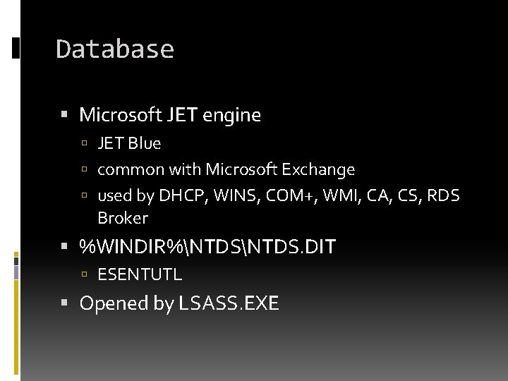 Database Microsoft JET engine JET Blue common with Microsoft Exchange used by DHCP, WINS, Database Microsoft JET engine JET Blue common with Microsoft Exchange used by DHCP, WINS,