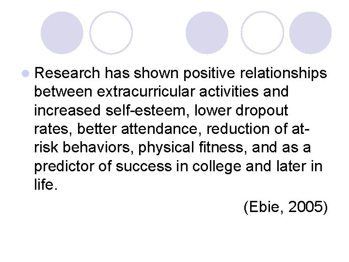 l Research has shown positive relationships between extracurricular activities and increased self-esteem, lower dropout