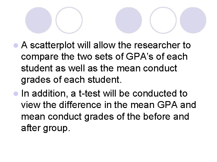 l. A scatterplot will allow the researcher to compare the two sets of GPA’s