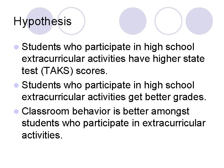 Hypothesis l Students who participate in high school extracurricular activities have higher state test