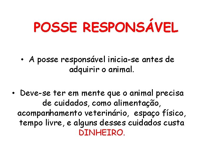 POSSE RESPONSÁVEL • A posse responsável inicia-se antes de adquirir o animal. • Deve-se