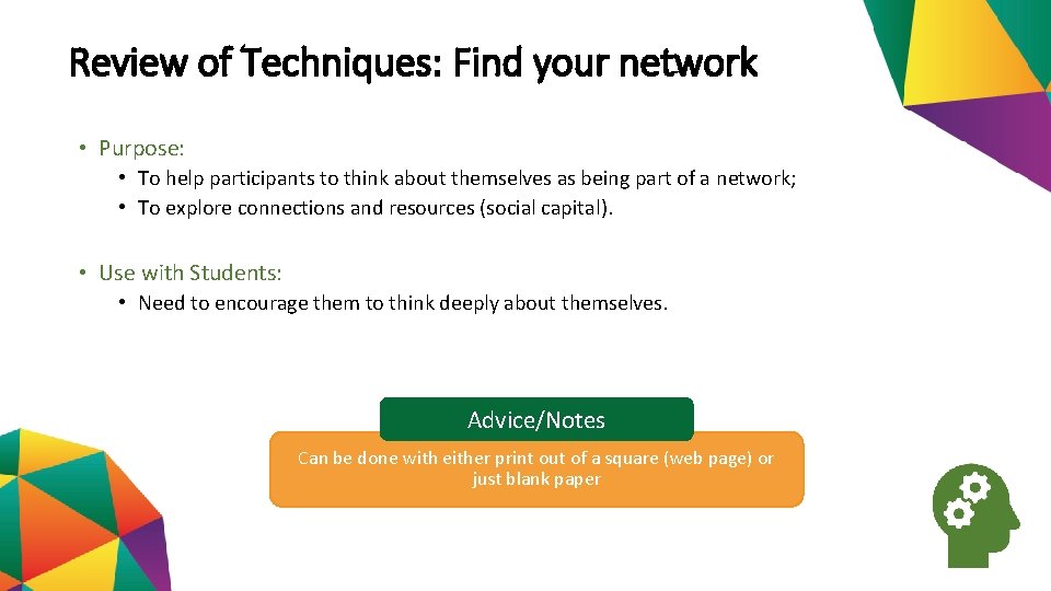 Review of Techniques: Find your network • Purpose: • To help participants to think