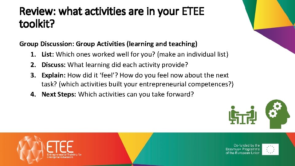 Review: what activities are in your ETEE toolkit? Group Discussion: Group Activities (learning and