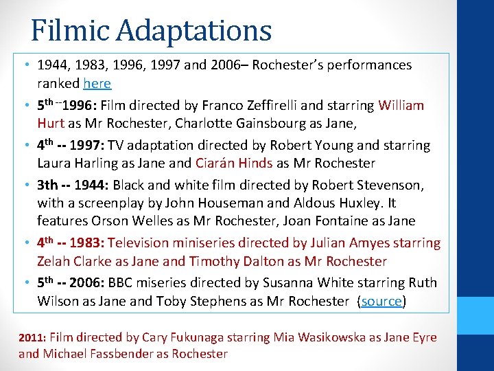 Filmic Adaptations • 1944, 1983, 1996, 1997 and 2006– Rochester’s performances ranked here •