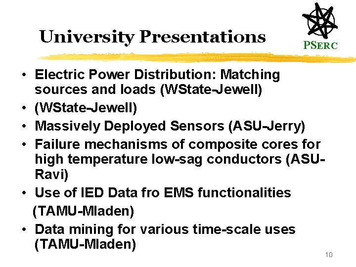 University Presentations PSERC • Electric Power Distribution: Matching sources and loads (WState-Jewell) • Massively