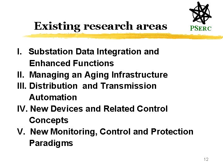 Existing research areas PSERC I. Substation Data Integration and Enhanced Functions II. Managing an