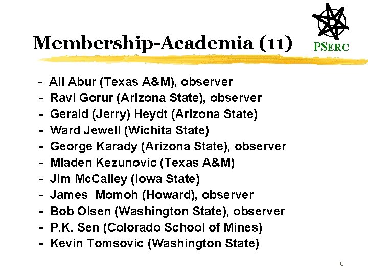 Membership-Academia (11) - PSERC Ali Abur (Texas A&M), observer Ravi Gorur (Arizona State), observer