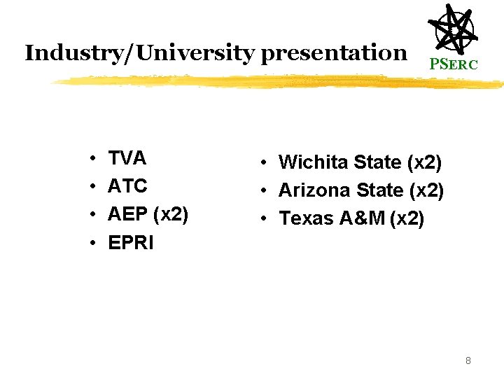 Industry/University presentation • • TVA ATC AEP (x 2) EPRI PSERC • Wichita State