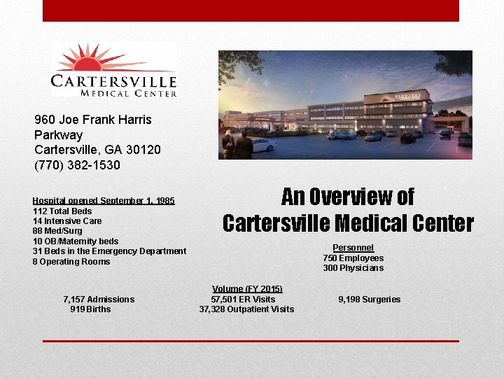 960 Joe Frank Harris Parkway Cartersville, GA 30120 (770) 382 -1530 Hospital opened September