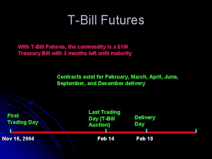 T-Bill Futures With T-Bill Futures, the commodity is a $1 M Treasury Bill with